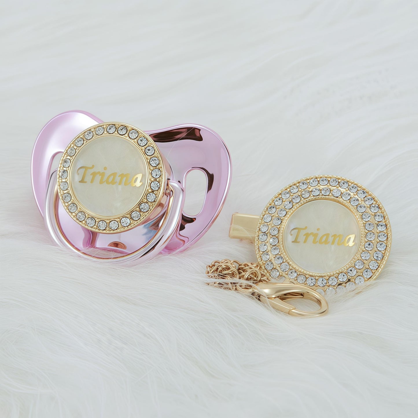 MIYOCAR Custom Gold Bling Diamond Baby Pacifier with Clip Set Personalized for Newborns and Babies Personalized Baby Bling Pacifier gold  pacifier