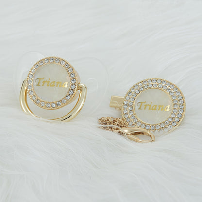 MIYOCAR Custom Gold Bling Diamond Baby Pacifier with Clip Set Personalized for Newborns and Babies Personalized Baby Bling Pacifier gold  pacifier