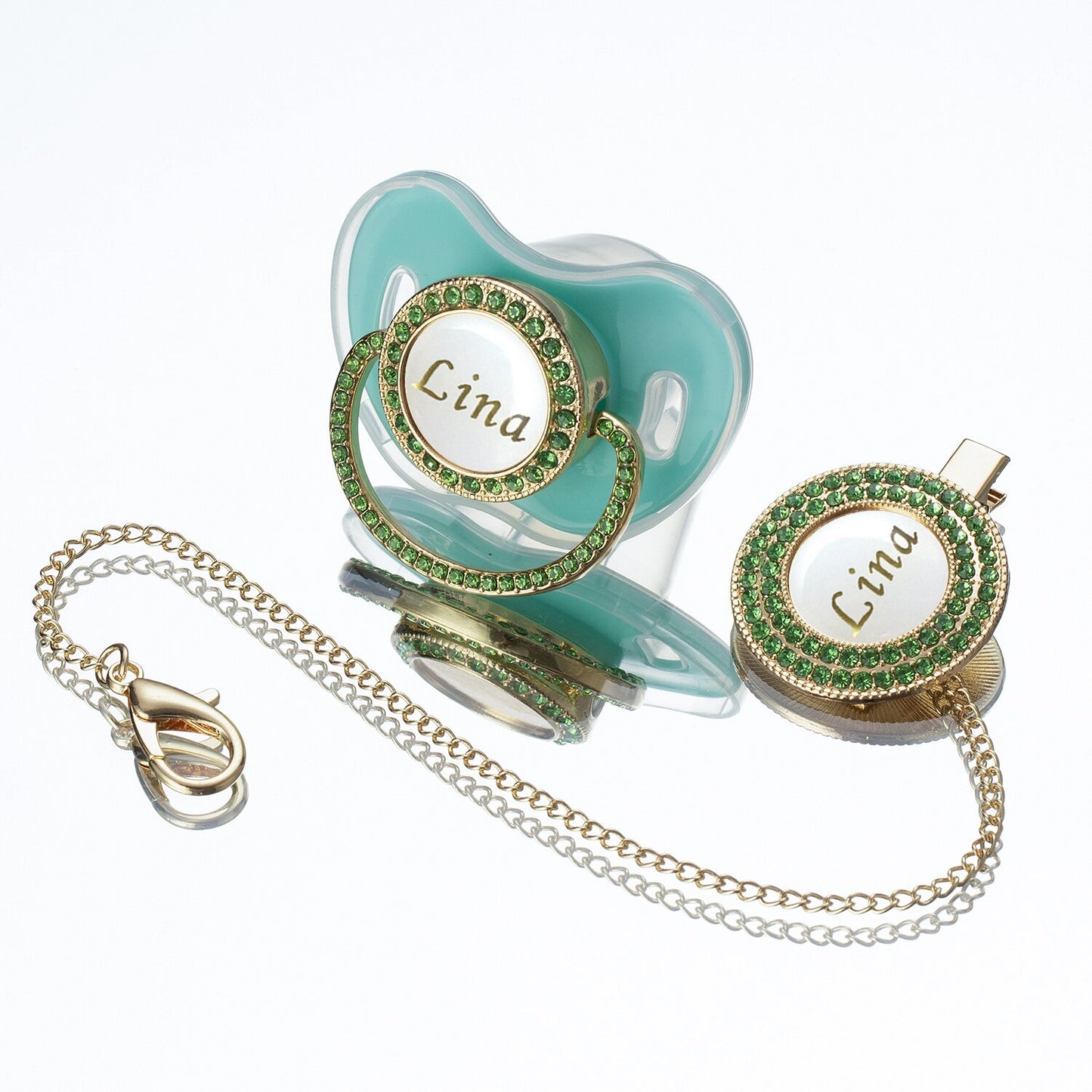 MIYOCAR Lovely bling Custom baby pacifiers and clips/holder kit with name Adorned with Elegant Green Rhinestones for boy girl