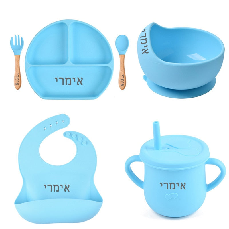 Personalized name Food Grade Baby Feeding Set with Spoon, fork,Silicone Suction Bowls and bib BPA Free - First Stage Self Feed