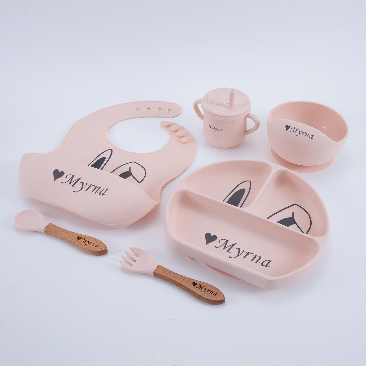 Personalized any name Baby Feeding Set 6 Piece Silicone Set for Self Feeding Learning & Fine Motor Skills Soft, Easy to Grip