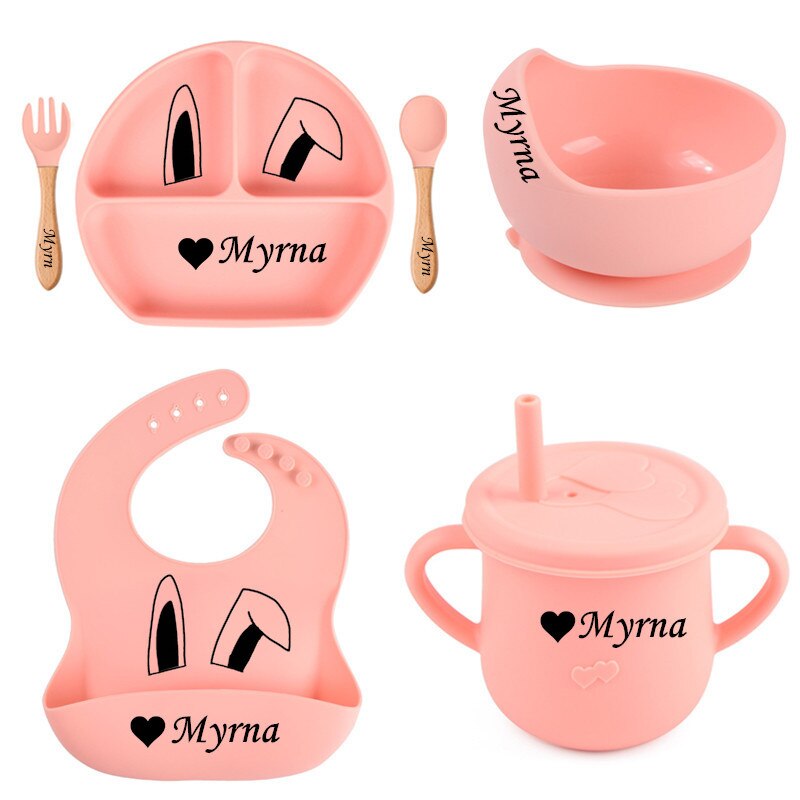 Personalized any name Baby Feeding Set 6 Piece Silicone Set for Self Feeding Learning & Fine Motor Skills Soft, Easy to Grip