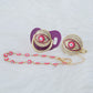 MIYOCAR pink Bling evil eye pacifier and clip set pacifier chain holder bling colorful sweet evil eye pacifier