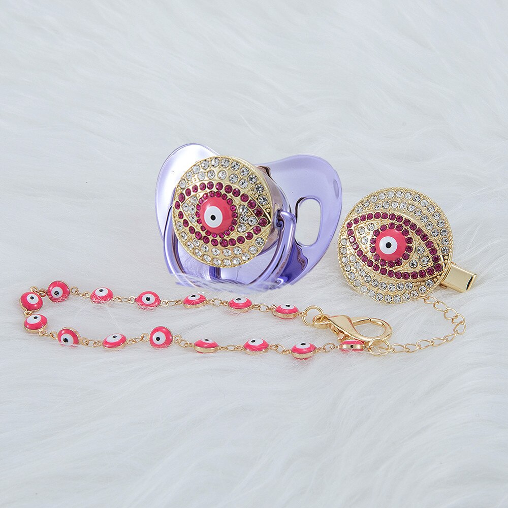 MIYOCAR pink Bling evil eye pacifier and clip set pacifier chain holder bling colorful sweet evil eye pacifier