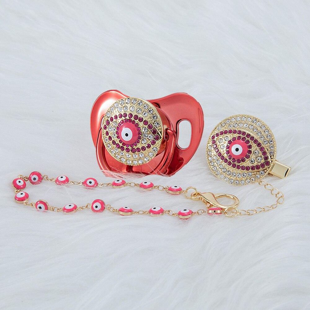 MIYOCAR pink Bling evil eye pacifier and clip set pacifier chain holder bling colorful sweet evil eye pacifier