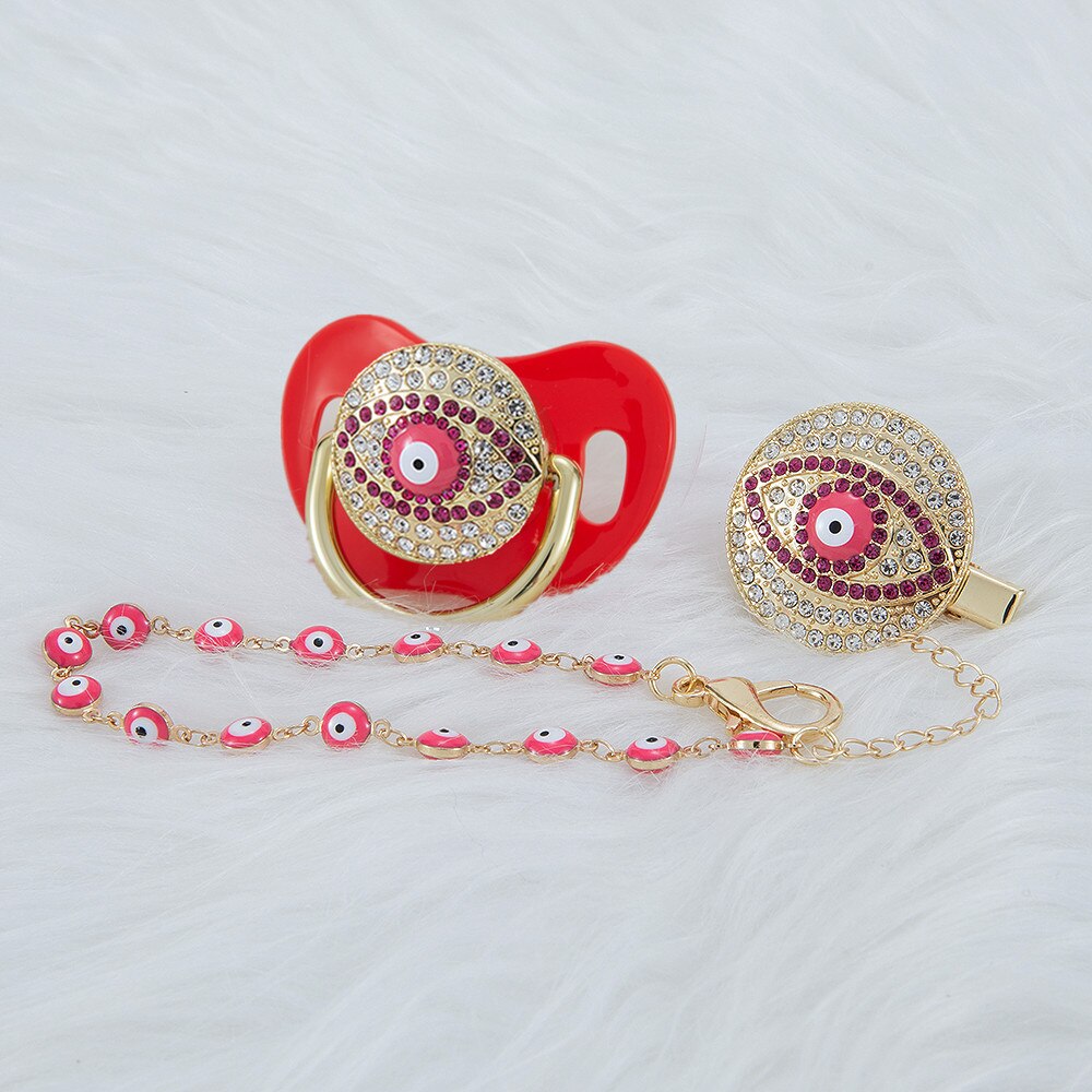 MIYOCAR pink Bling evil eye pacifier and clip set pacifier chain holder bling colorful sweet evil eye pacifier