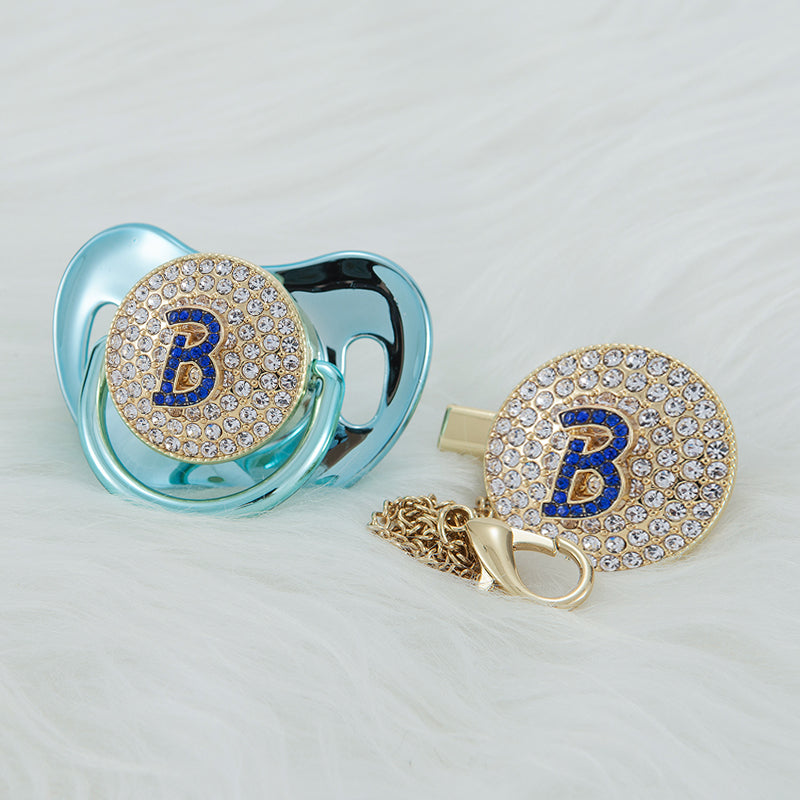 MIYOCAR bling blue Initials blue 3D letter S bling pacifier and pacifier clip BPA free dummy ideal gift baby shower