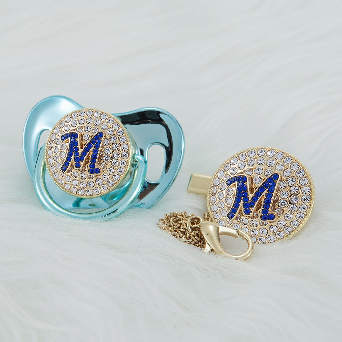 MIYOCAR bling blue Initials blue 3D letter S bling pacifier and pacifier clip BPA free dummy ideal gift baby shower