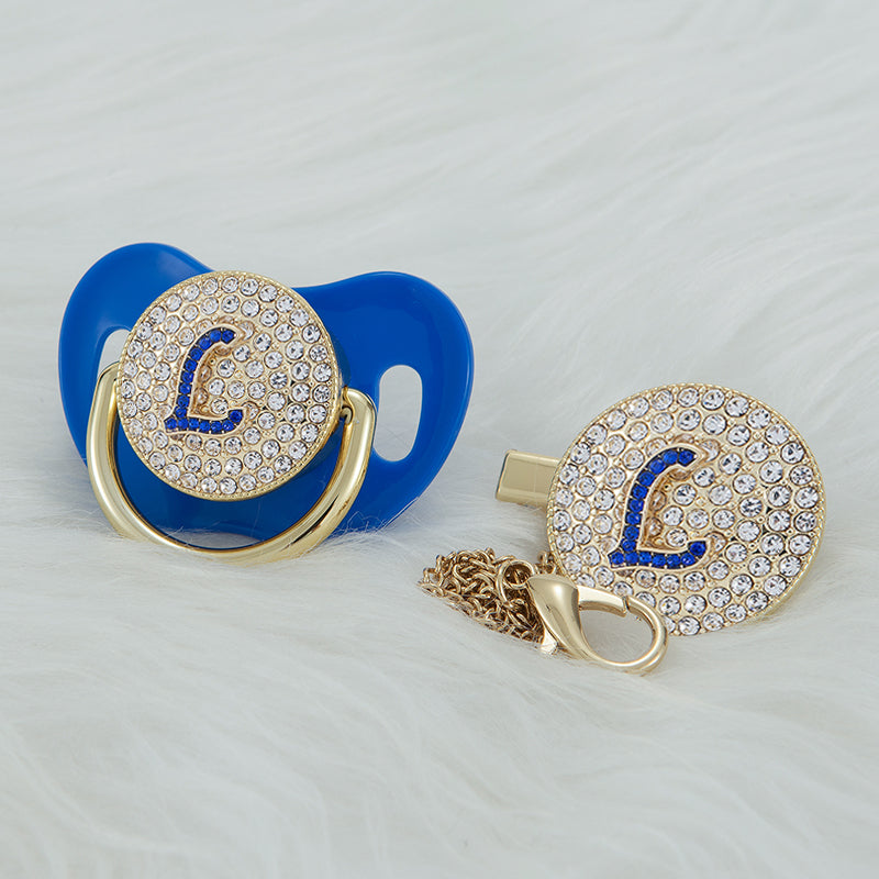 MIYOCAR bling blue Initials blue 3D letter S bling pacifier and pacifier clip BPA free dummy ideal gift baby shower