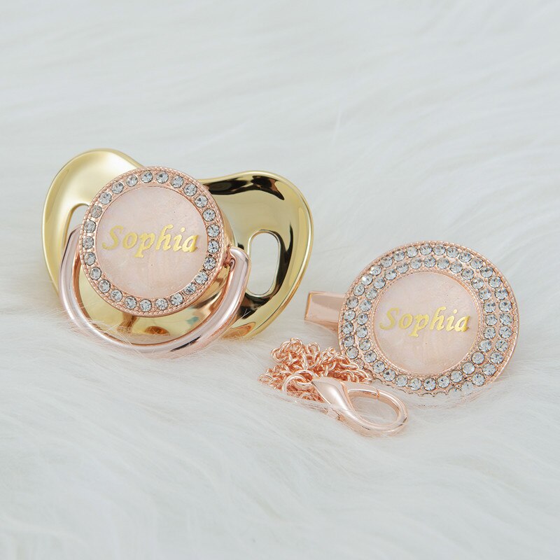 MIYOCAR Customized any name rose gold pearl bling pacifier and pacifier clip BPA free dummy bling luxurious gift baby shower PS