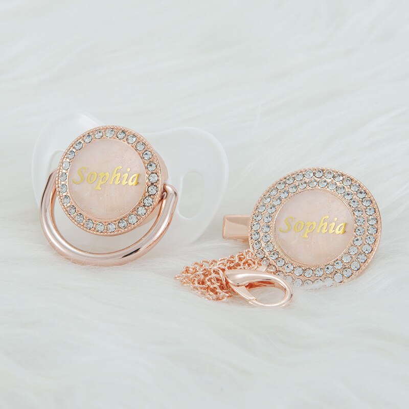 MIYOCAR Customized any name rose gold pearl bling pacifier and pacifier clip BPA free dummy bling luxurious gift baby shower PS