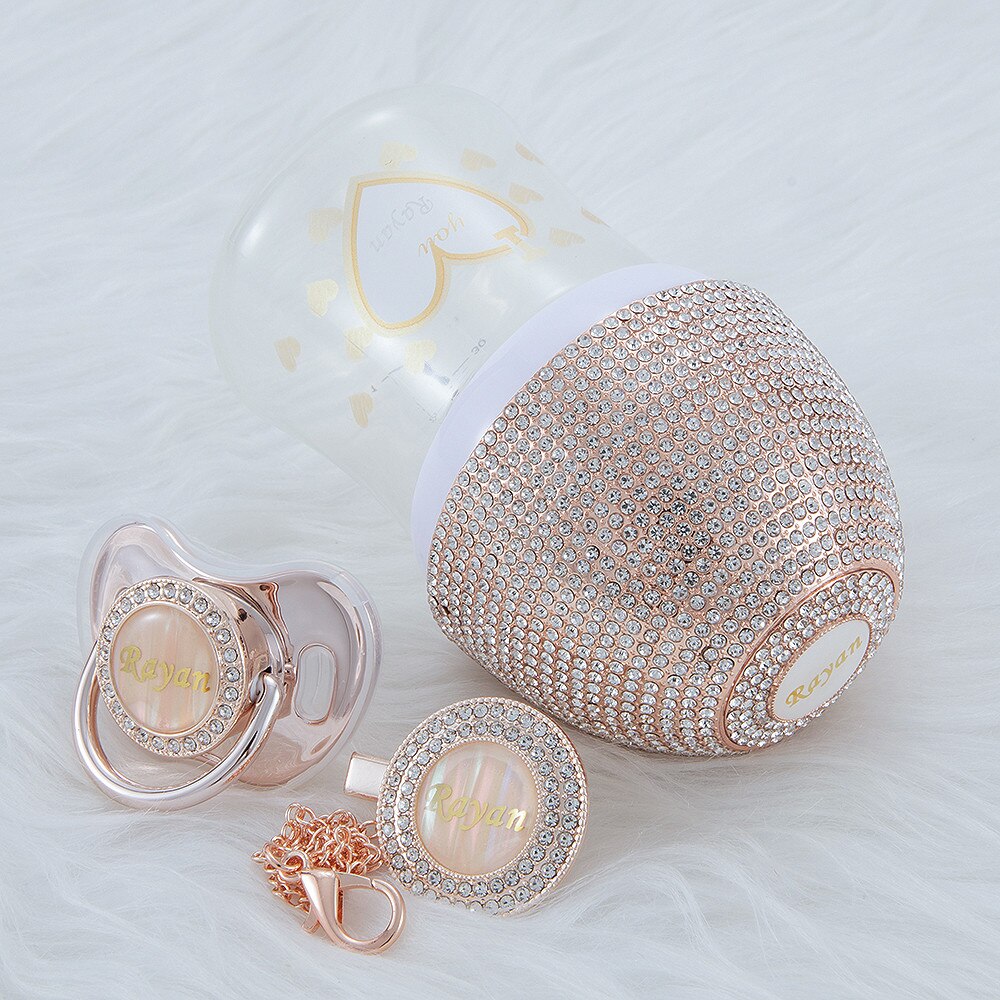 MIYOCAR personalized gold bling baby bottle pacifier and pacifier clip set BPA free unique gift for baby feeding bottle pacifier