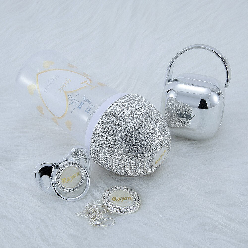 MIYOCAR personalized gold bling baby bottle pacifier and pacifier clip pacifier box set BPA free