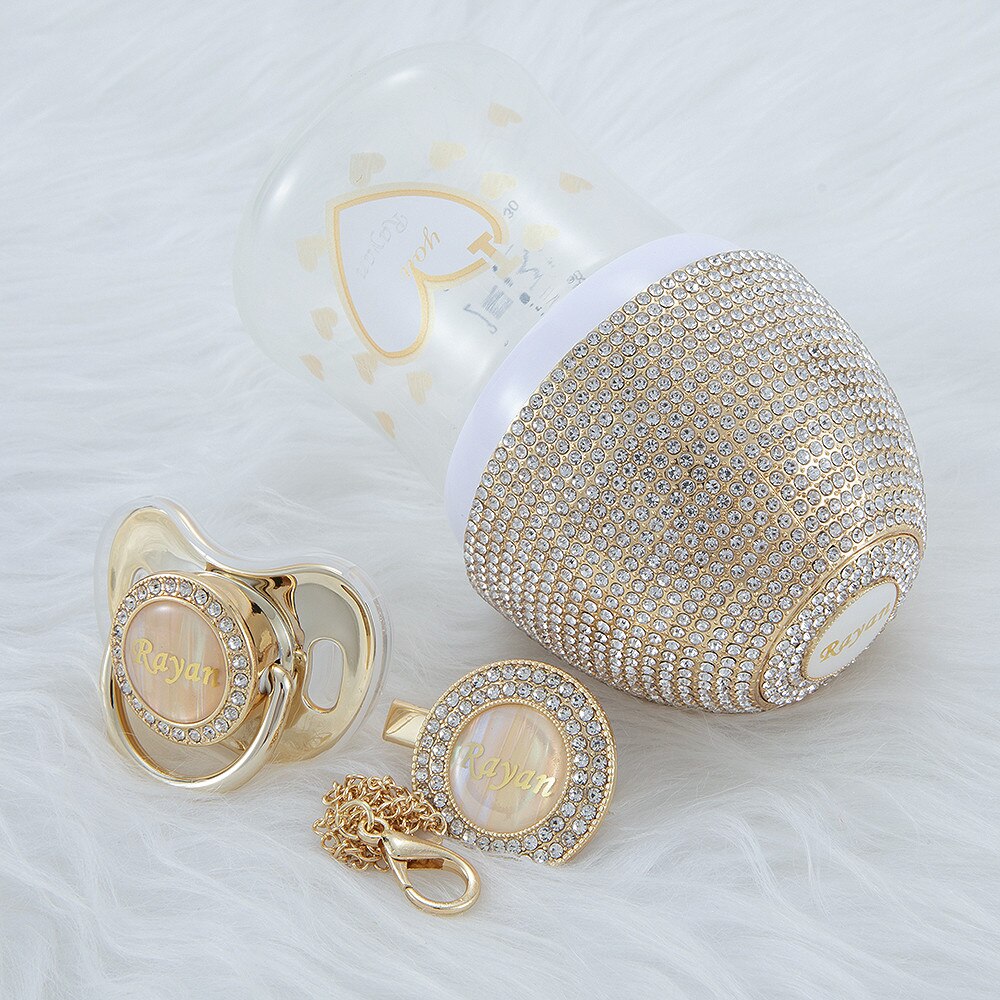 MIYOCAR personalized gold bling baby bottle pacifier and pacifier clip set BPA free unique gift for baby feeding bottle pacifier