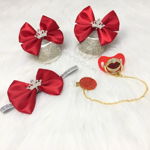 MIYOCAR red lip bling pacifier and clip set with princess red bow bling first walker shoes set unique sexy baby shower set C1