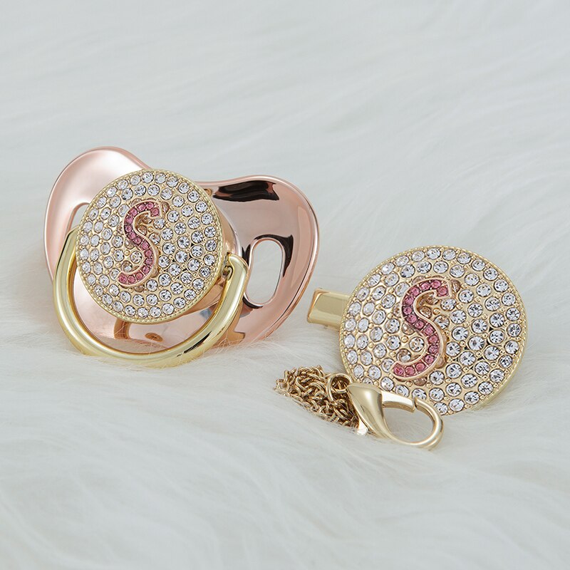 MIYOCAR luxurious gold pin bling red 3D Initials pink letter S bling pacifier and pacifier clip BPA free dummy bling unique gift