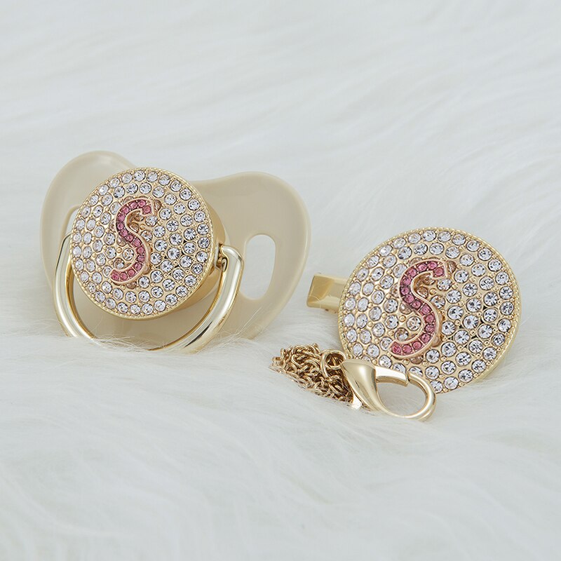 MIYOCAR luxurious gold pin bling red 3D Initials pink letter S bling pacifier and pacifier clip BPA free dummy bling unique gift