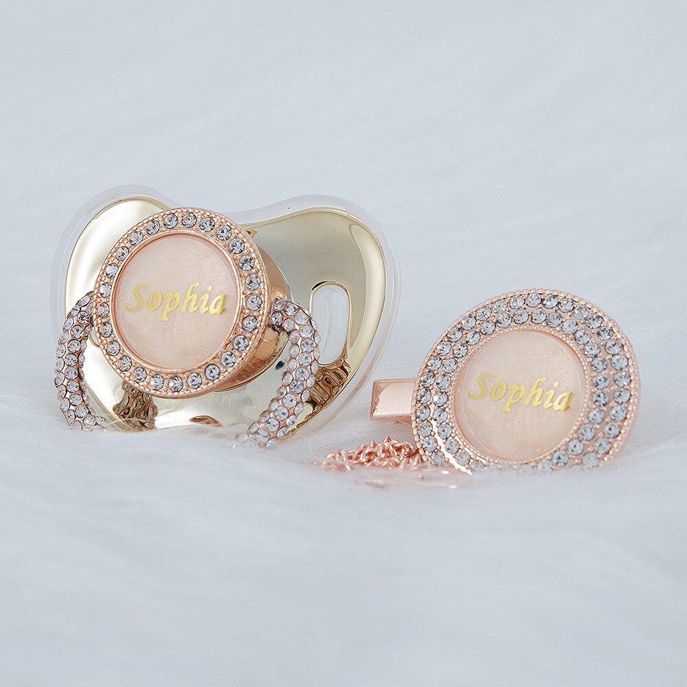 MIYOCAR Personalized Name rose gold all bling pacifier and clip set unique design New Born gift Photography no for daily use