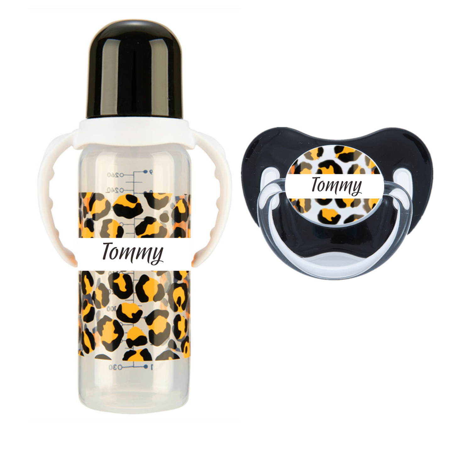 MIYOCAR personalized name Leopard baby bottle feeding bottle pacifier 2pcs set BPA free plastic 260ml standard neck special gift