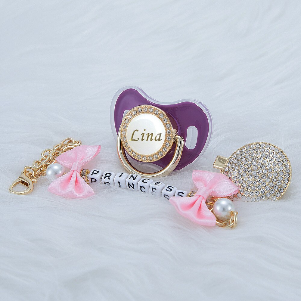 MIYOCAR Personalized any name bling pacifier and pink bow pacifier clip BPA free dummy bling unique design perfect gift