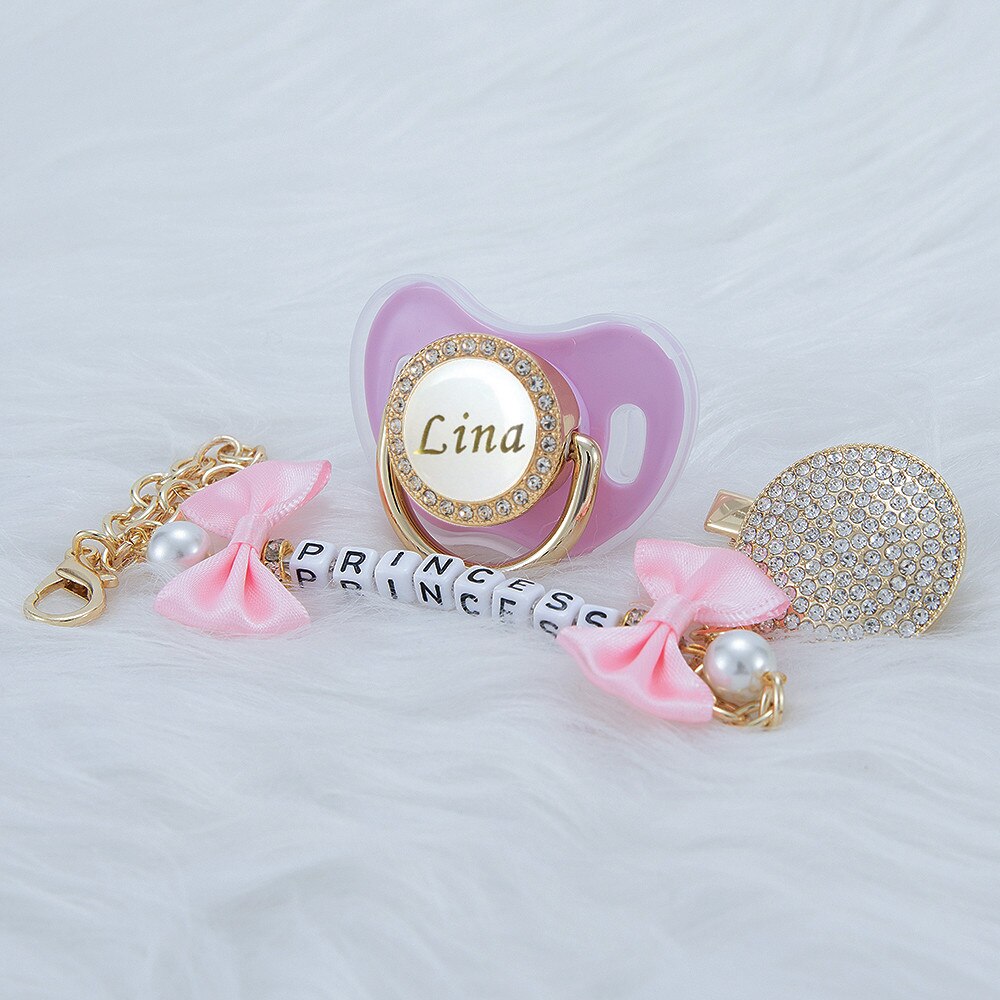 MIYOCAR Personalized any name bling pacifier and pink bow pacifier clip BPA free dummy bling unique design perfect gift