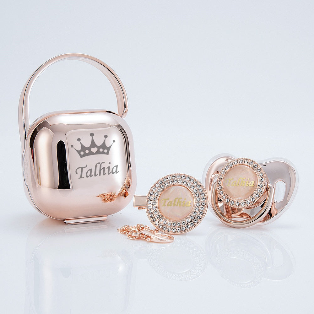 MIYOCAR personalized Metallic silver bling pacifier and clip pacifier box set BPA free dummy Luxury