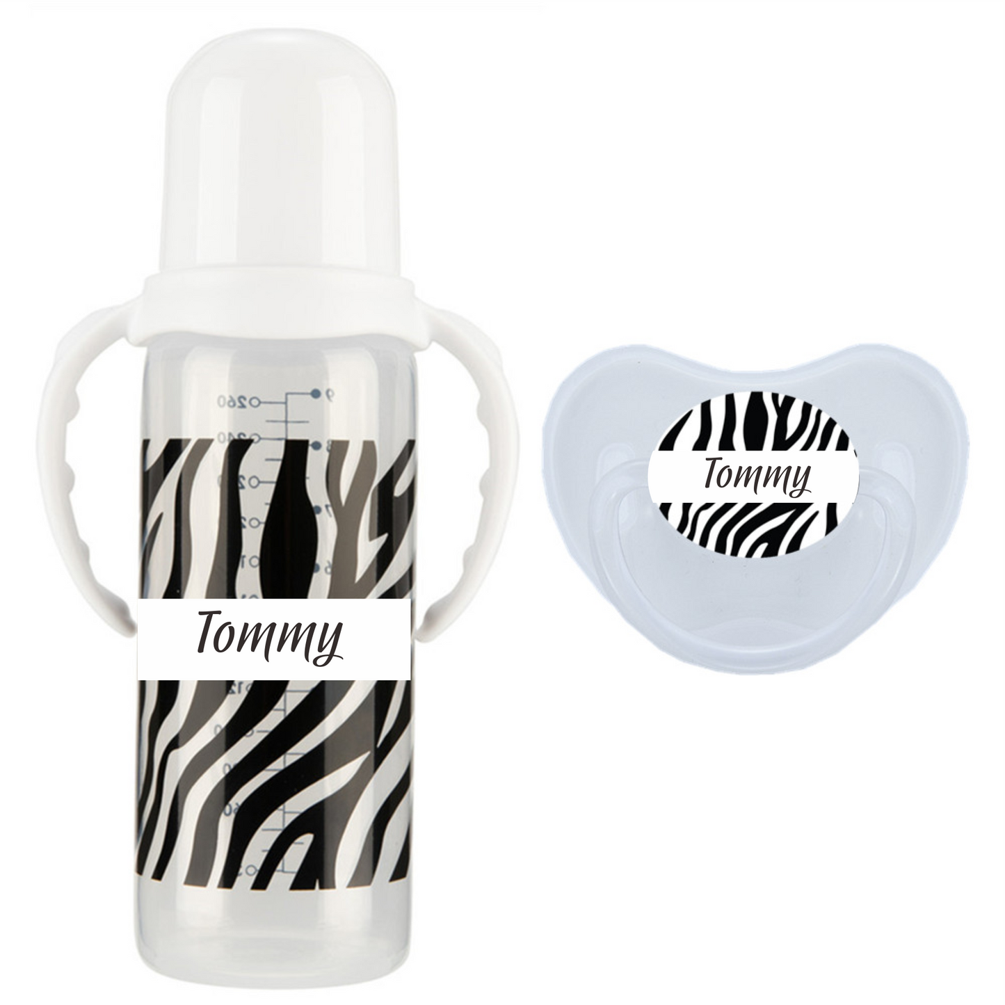 MIYOCAR personalized name Zebra baby bottle feeding bottle pacifier 2pcs set BPA free plastic 260ml standard neck special gift