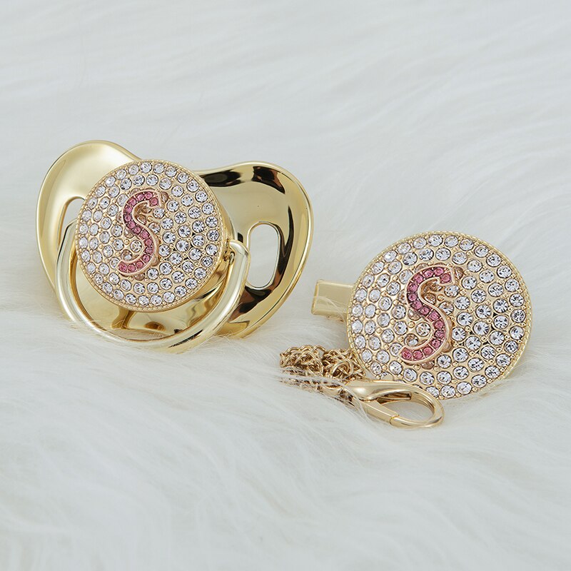 MIYOCAR luxurious gold pin bling red 3D Initials pink letter S bling pacifier and pacifier clip BPA free dummy bling unique gift