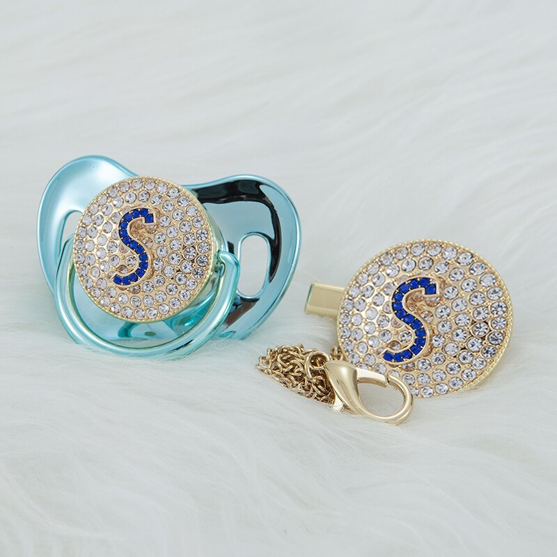 MIYOCAR bling blue Initials blue 3D letter S bling pacifier and pacifier clip BPA free dummy ideal gift baby shower