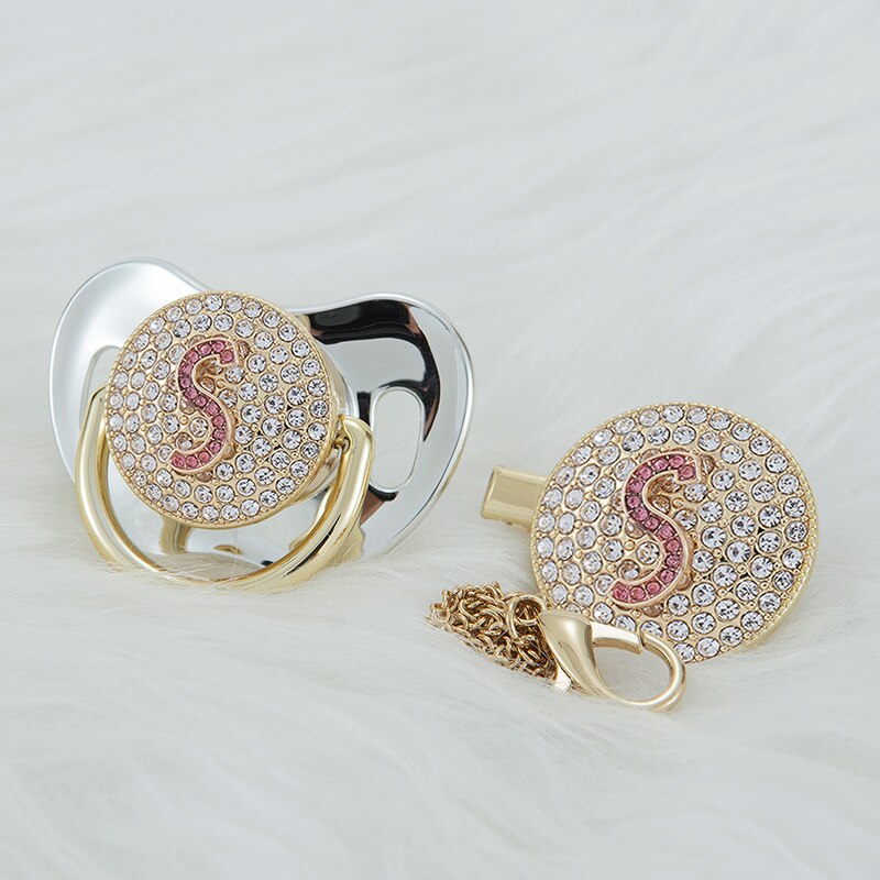 MIYOCAR luxurious gold pin bling red 3D Initials pink letter S bling pacifier and pacifier clip BPA free dummy bling unique gift