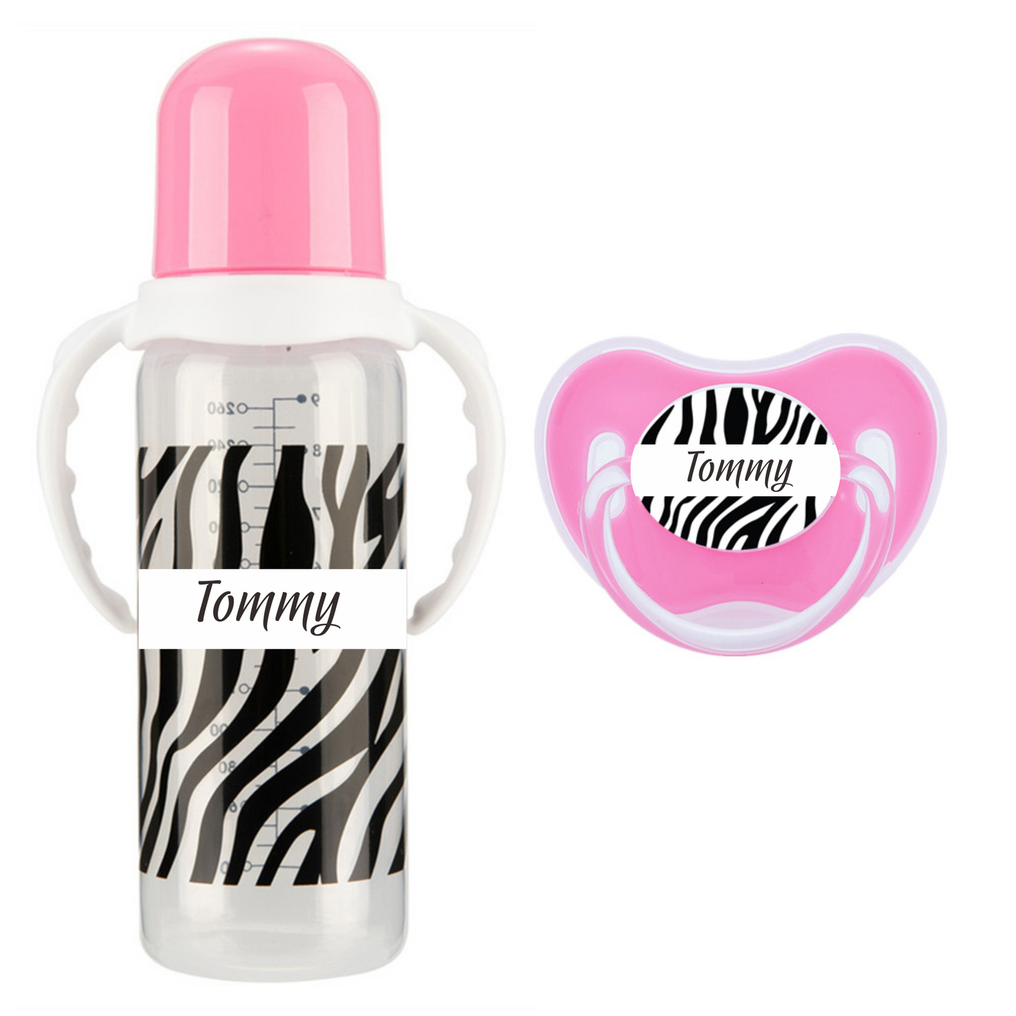 MIYOCAR personalized name Zebra baby bottle feeding bottle pacifier 2pcs set BPA free plastic 260ml standard neck special gift