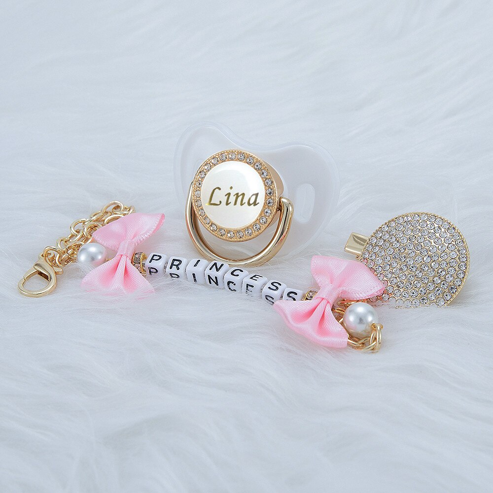 MIYOCAR Personalized any name bling pacifier and pink bow pacifier clip BPA free dummy bling unique design perfect gift