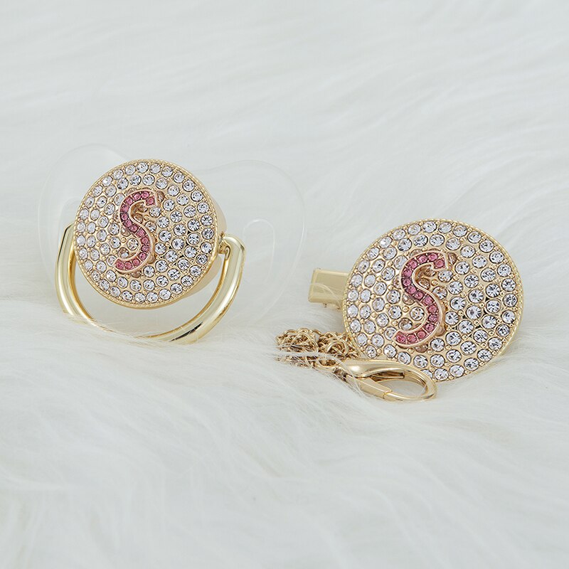 MIYOCAR luxurious gold pin bling red 3D Initials pink letter S bling pacifier and pacifier clip BPA free dummy bling unique gift