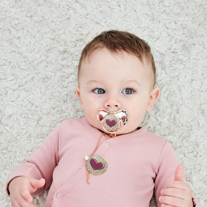 MIYOCAR unique bling 3D pink heart Metallic pacifier and pacifier clip BPA free New Born gift Photography no for daily use