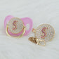 MIYOCAR luxurious gold pin bling red 3D Initials pink letter S bling pacifier and pacifier clip BPA free dummy bling unique gift