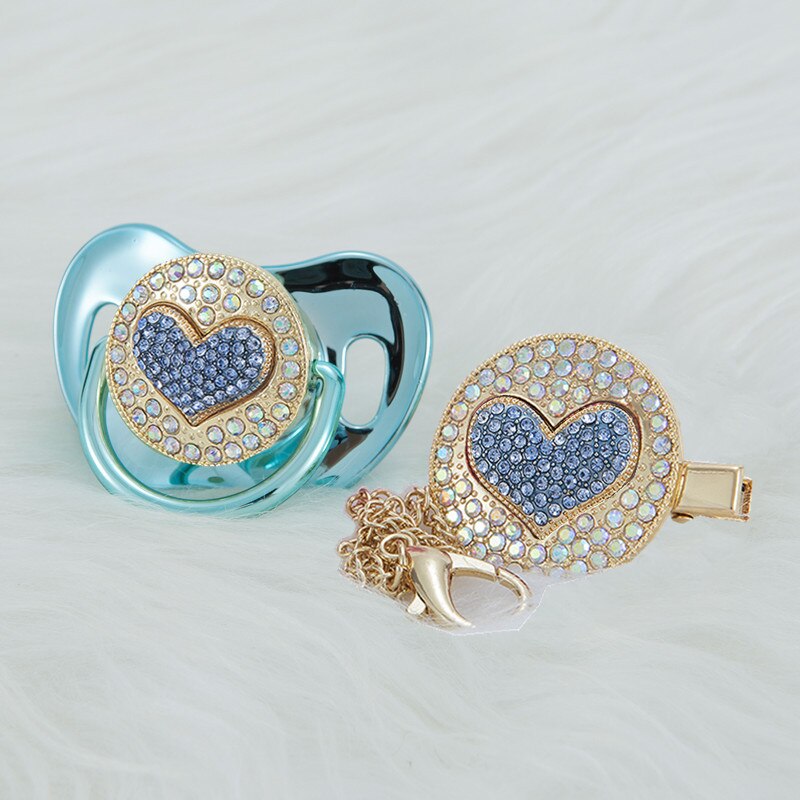 MIYOCAR luxurious bling 3D blue heart pacifier and pacifier clip BPA free unique gift Photography no for daily use