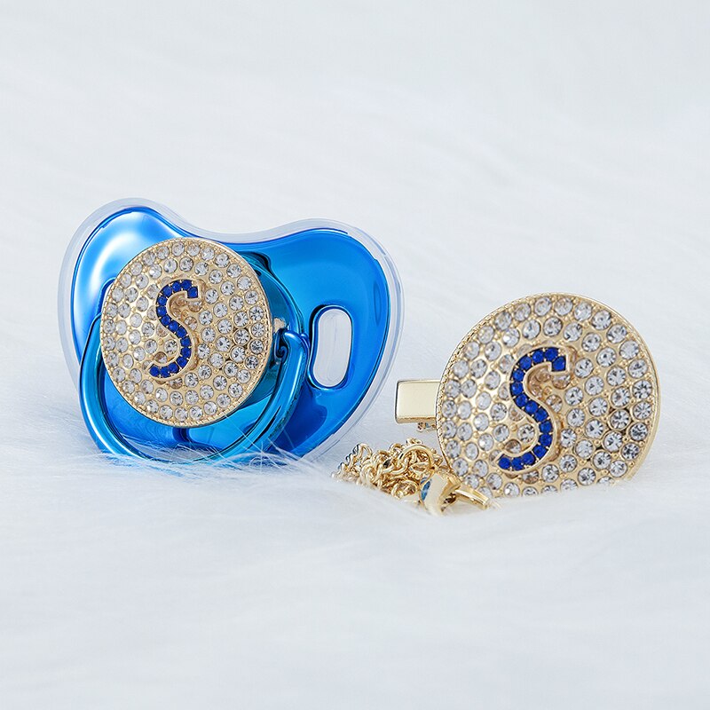 MIYOCAR bling blue Initials blue 3D letter S bling pacifier and pacifier clip BPA free dummy ideal gift baby shower