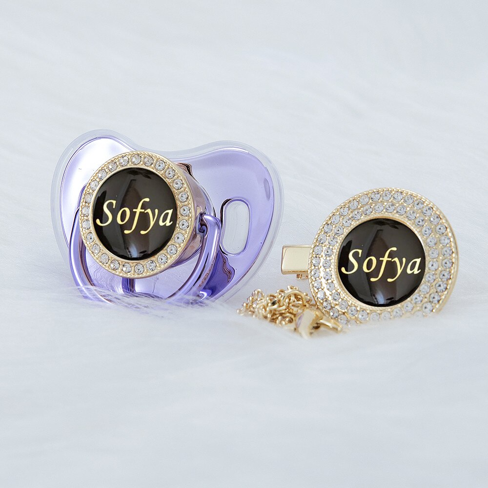 MIYOCAR personalized any name gold bling pacifier and clip BPA free dummy Metalic black unique design M4-G-BG