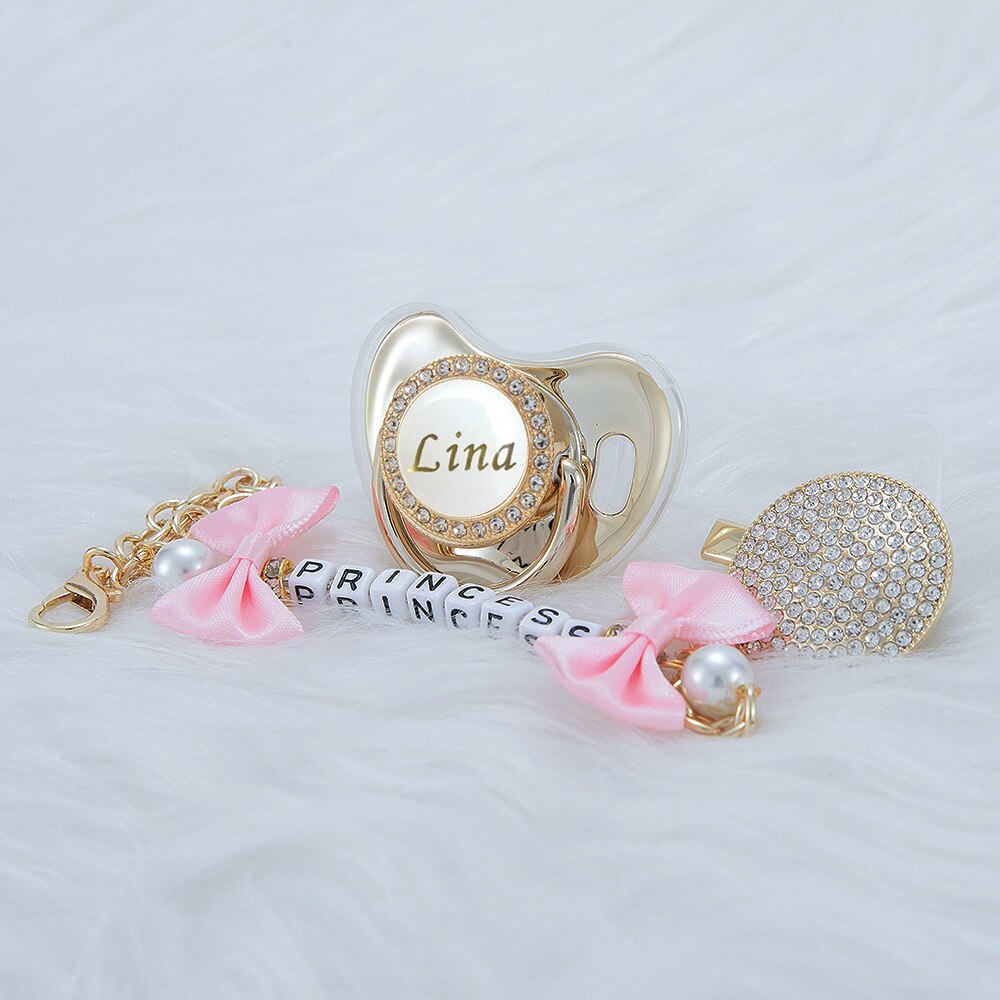 MIYOCAR Personalized any name bling pacifier and pink bow pacifier clip BPA free dummy bling unique design perfect gift