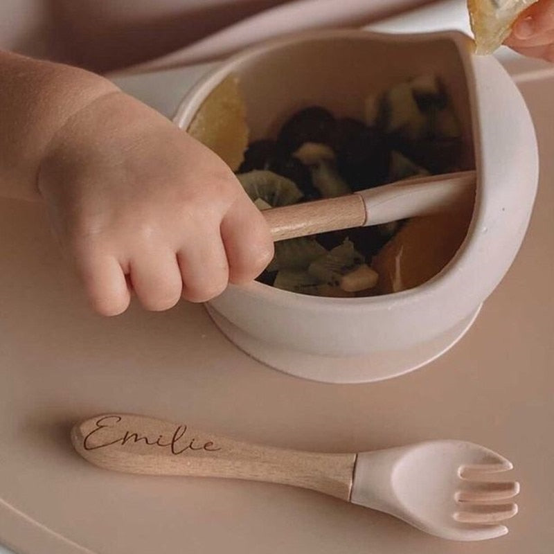 Personalized name Food Grade Baby Feeding Set with Spoon, fork,Silicone Suction Bowls and bib BPA Free - First Stage Self Feed